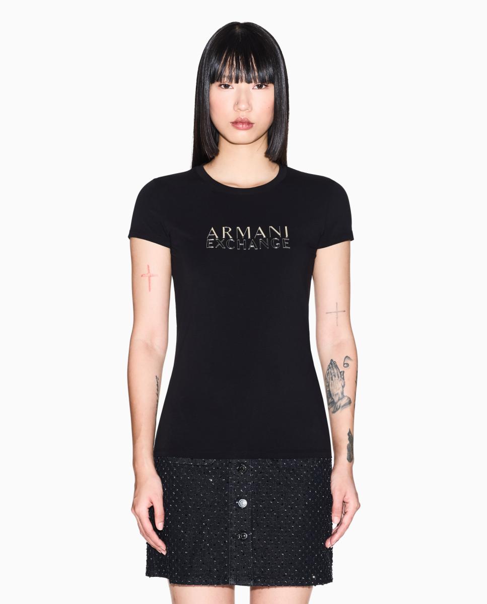 T-shirt de Manga Curta com Logótipo Metalizado Preto-1