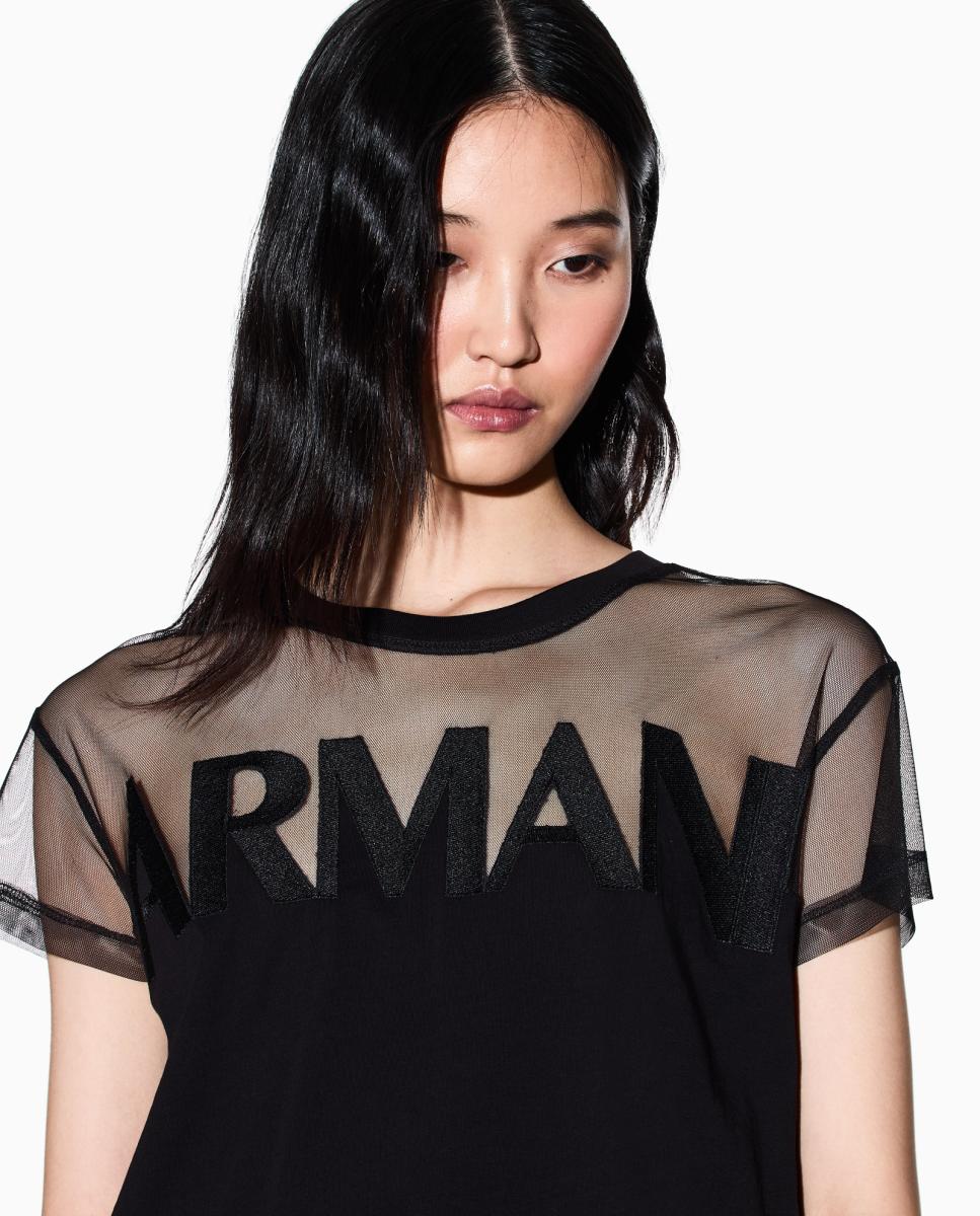 Imagen 3 de Camiseta de mujer cropped con logo maxi - Armani Exchange - Blanco Negro