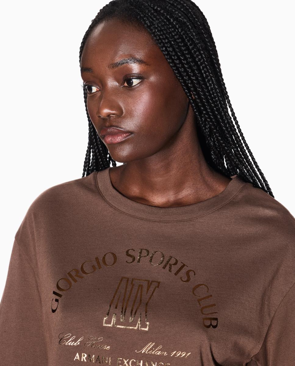T-shirt Cropped com Logótipo Estampado Castanho-3