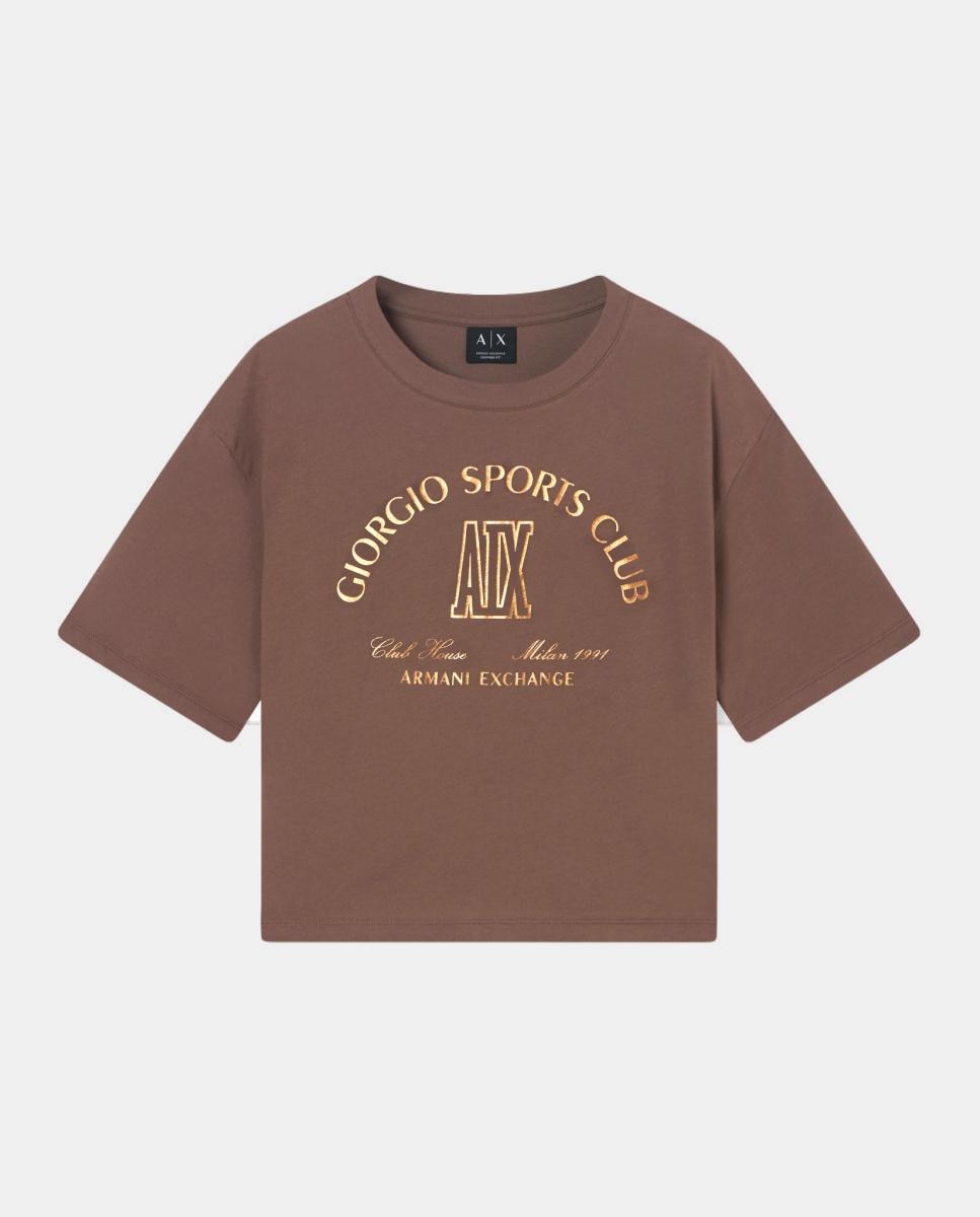 T-shirt Cropped com Logótipo Estampado Castanho-4