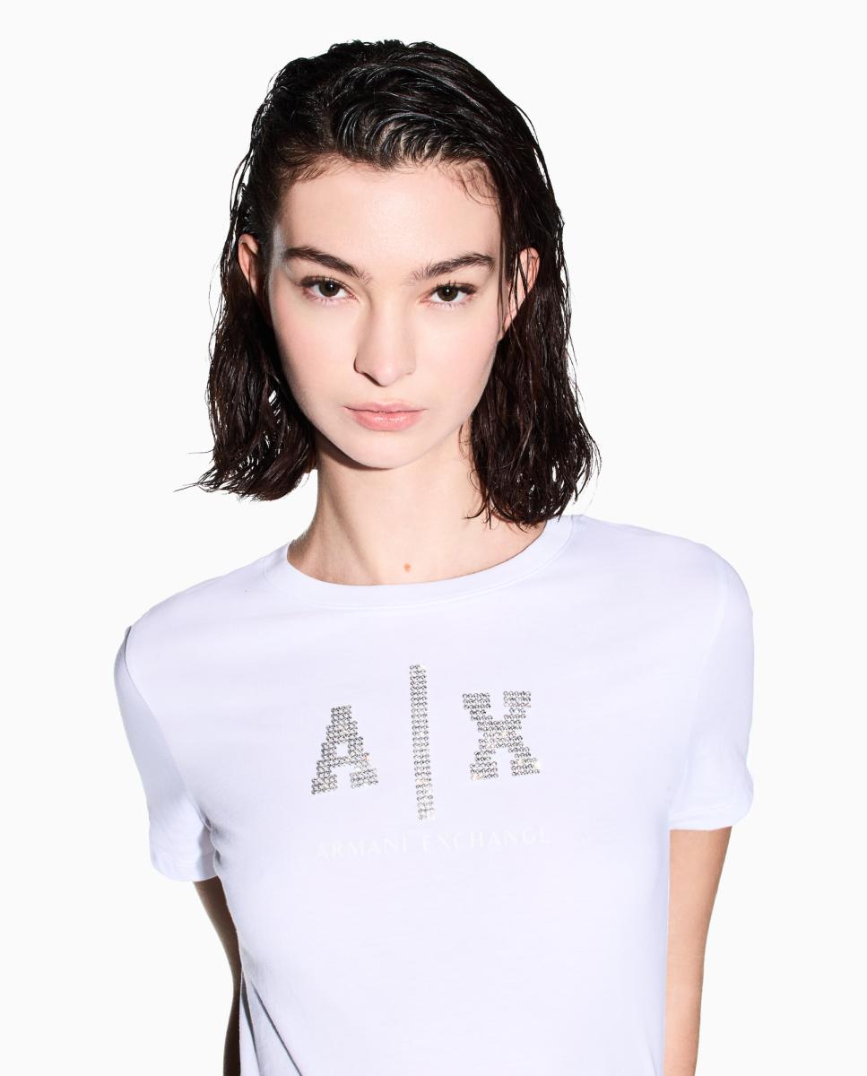 T-shirt Regular Fit com Logótipo em Pedraria Branco-2