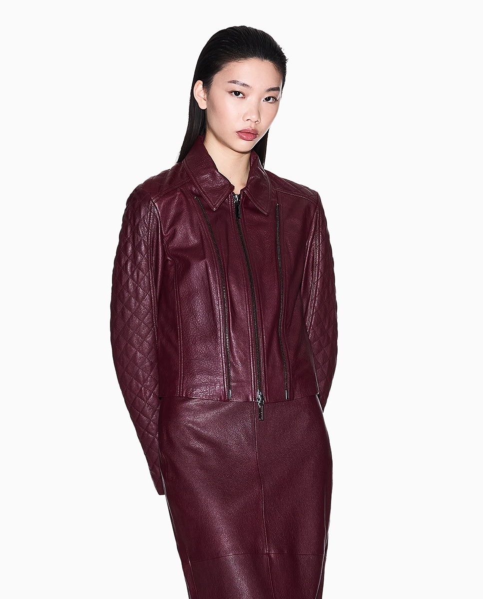 Blusão Biker em Pele com Fecho de Correr Bordeaux-1