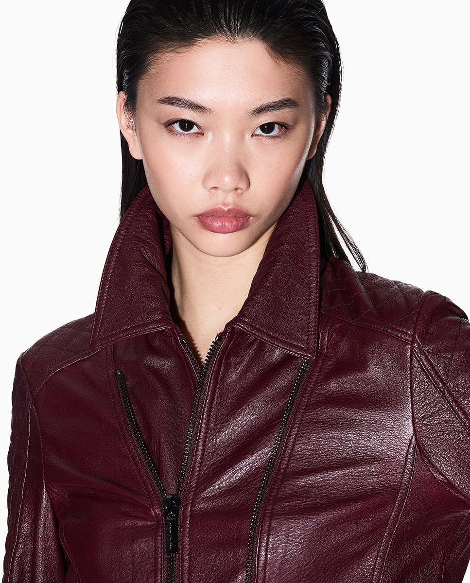 Blusão Biker em Pele com Fecho de Correr Bordeaux-2