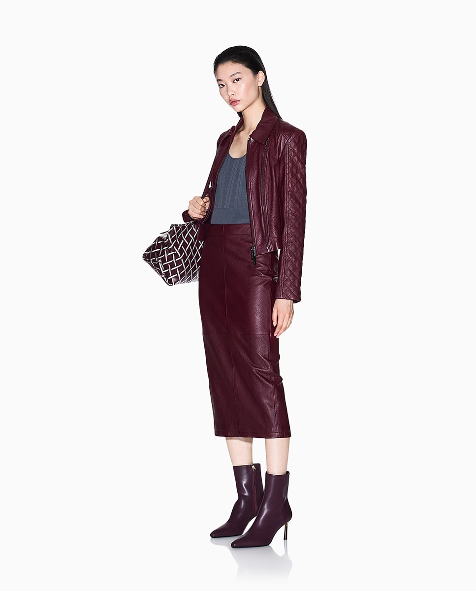 Blusão Biker em Pele com Fecho de Correr Bordeaux-3