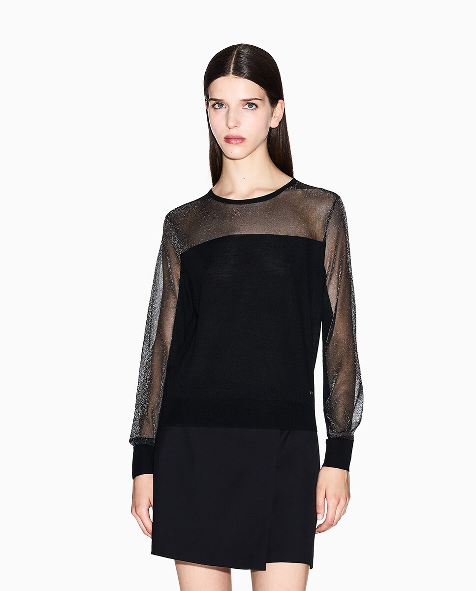 Camisola de Malha com Decote Redondo e Detalhes de Transparência Preto-1