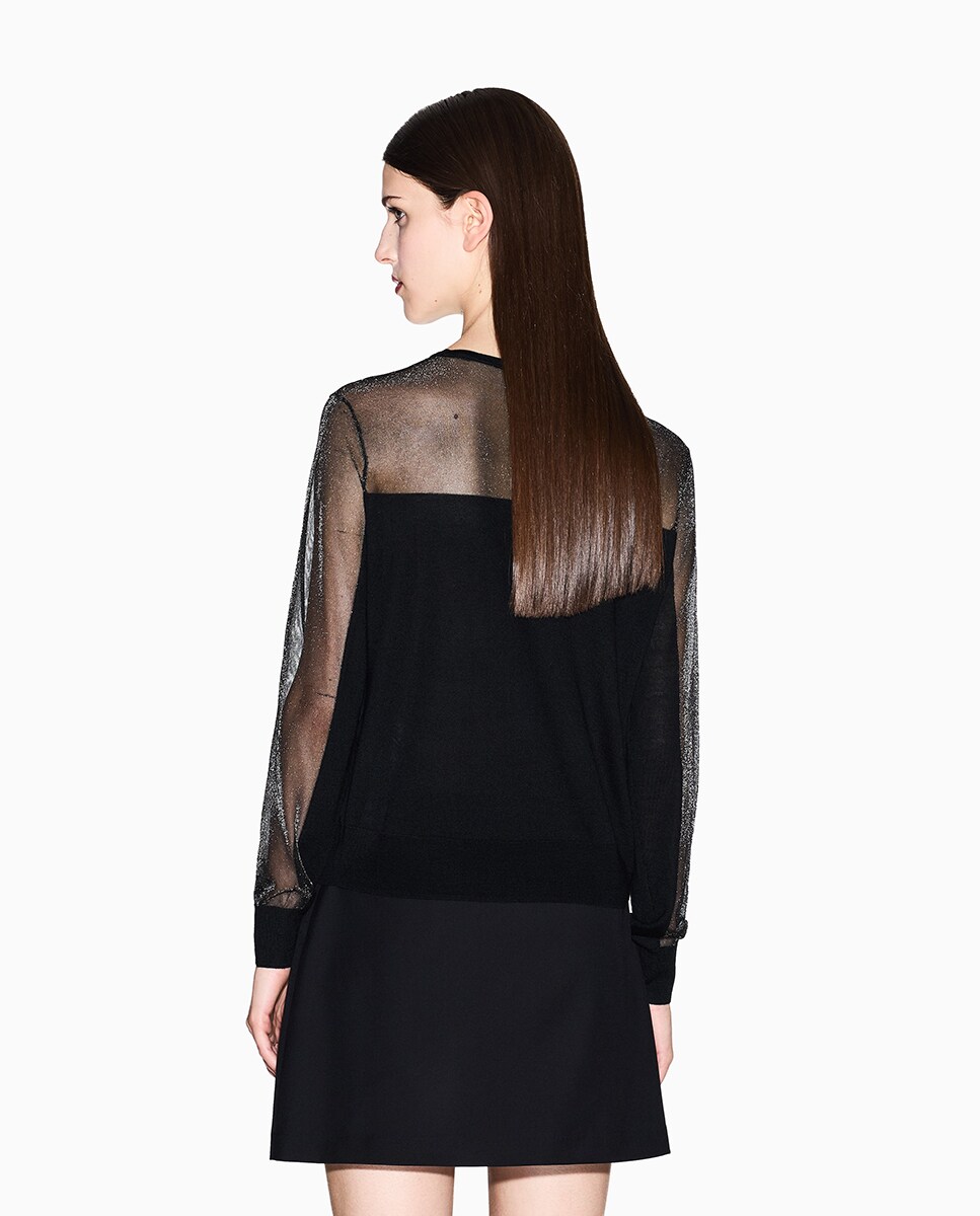 Camisola de Malha com Decote Redondo e Detalhes de Transparência Preto-2