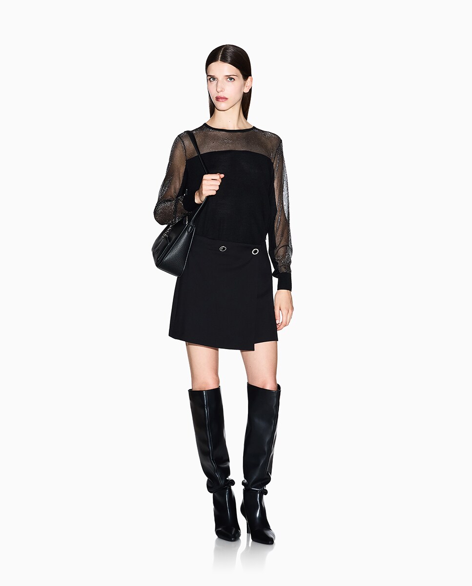 Camisola de Malha com Decote Redondo e Detalhes de Transparência Preto-4