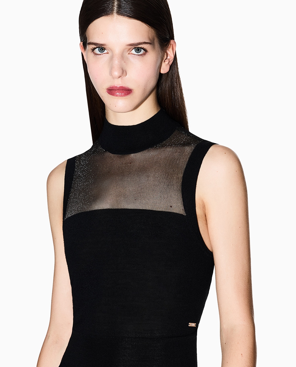 Camisola de malha sem mangas e com gola alta Preto-3