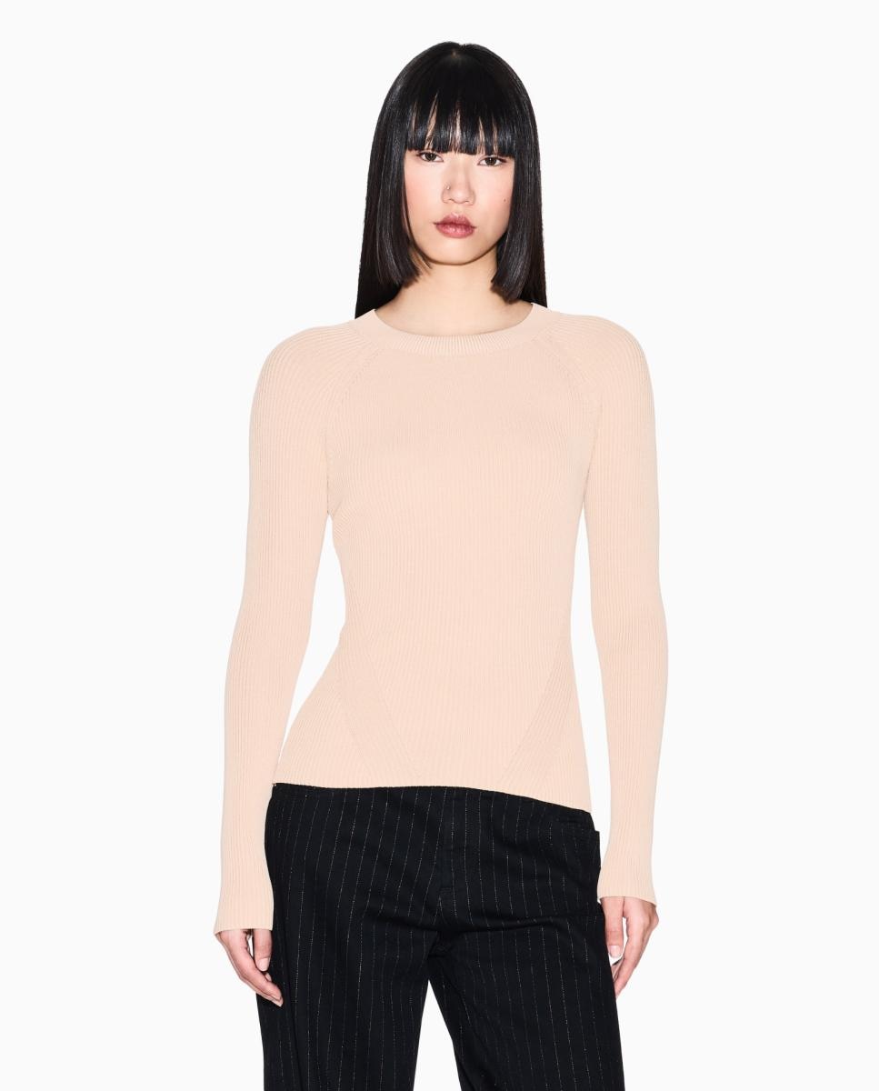 Camisola de Malha de Viscose com Decote Redondo Bege-1