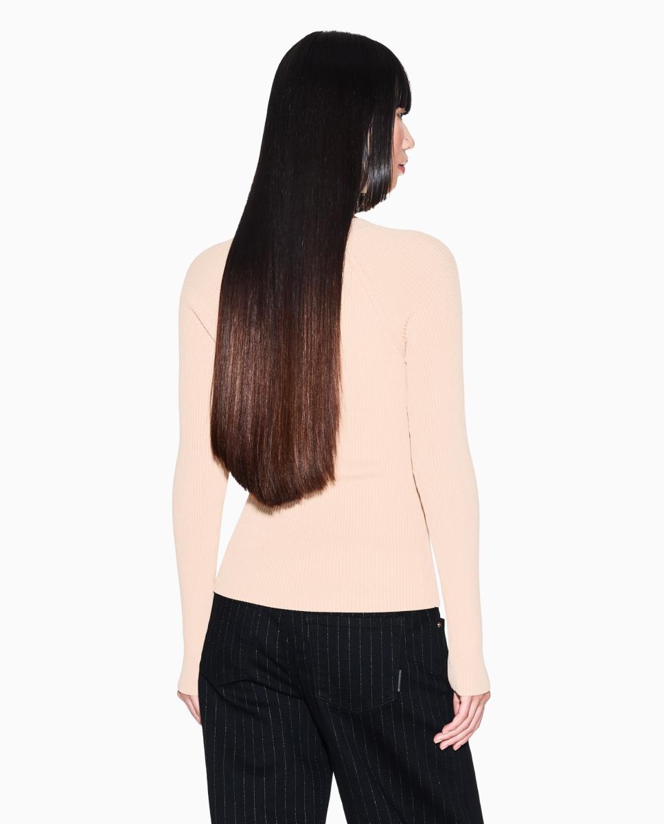 Camisola de Malha de Viscose com Decote Redondo Bege-2