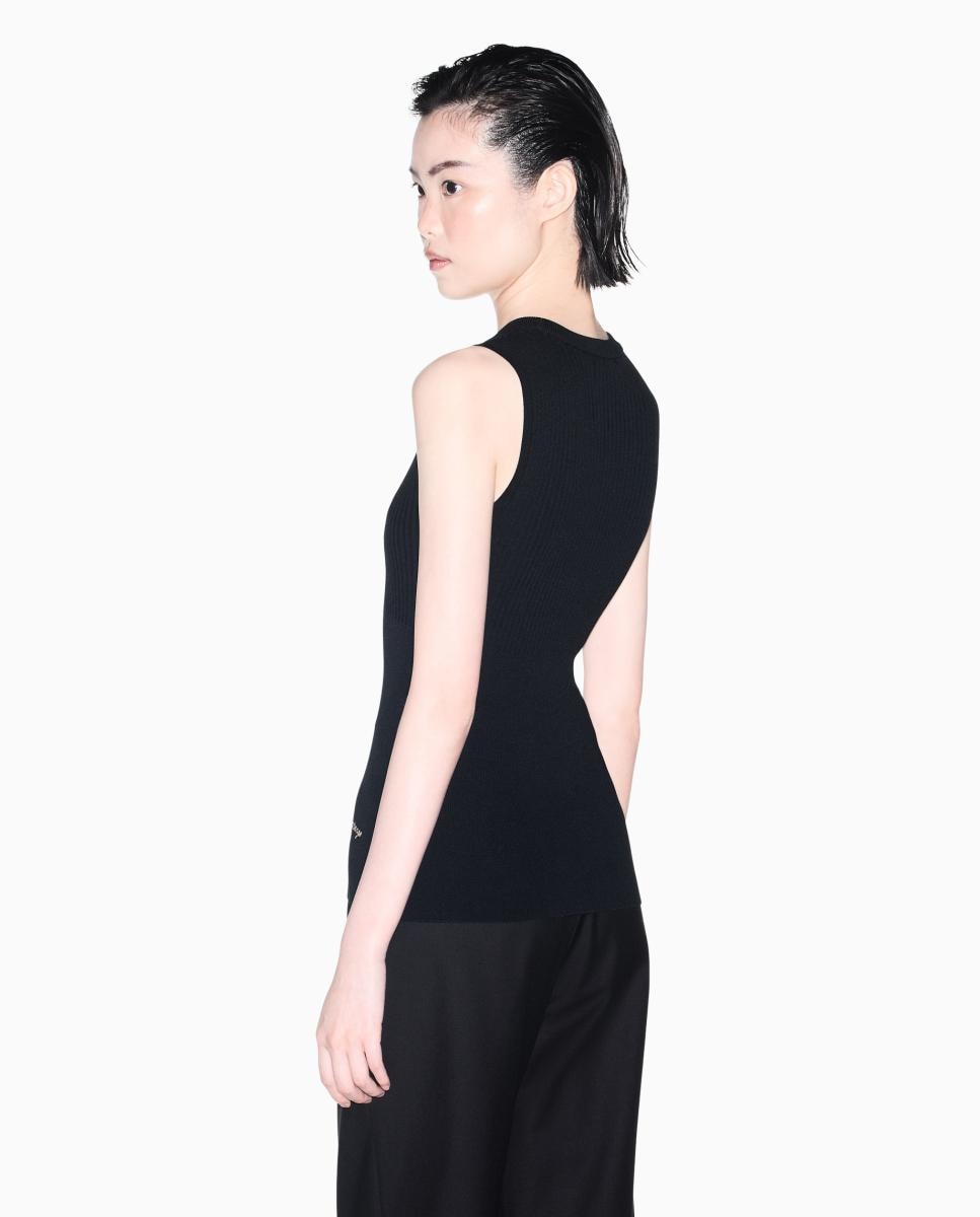 Camisola de Malha sem Mangas Canelada e com Logótipo Bordado Preto-2