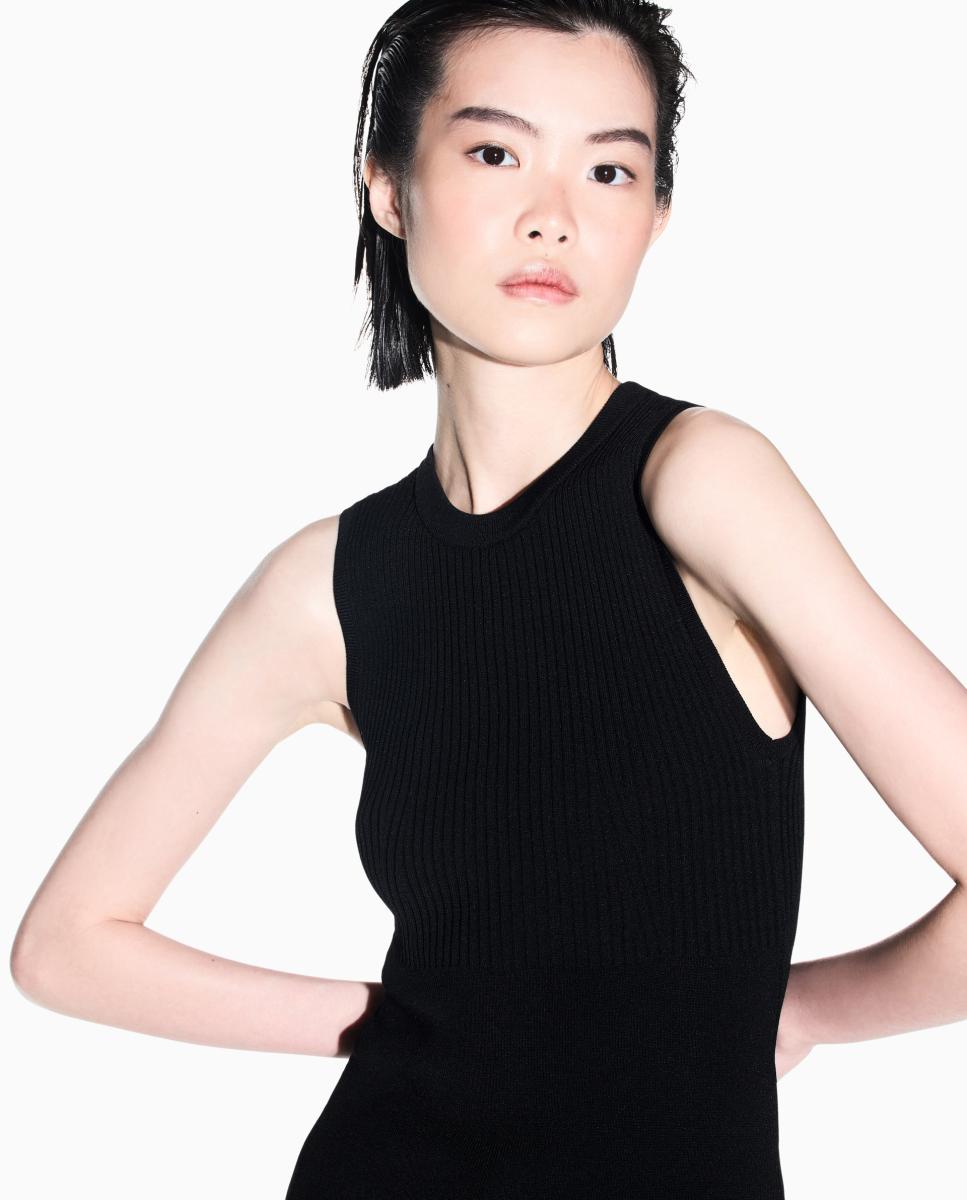 Camisola de Malha sem Mangas Canelada e com Logótipo Bordado Preto-3