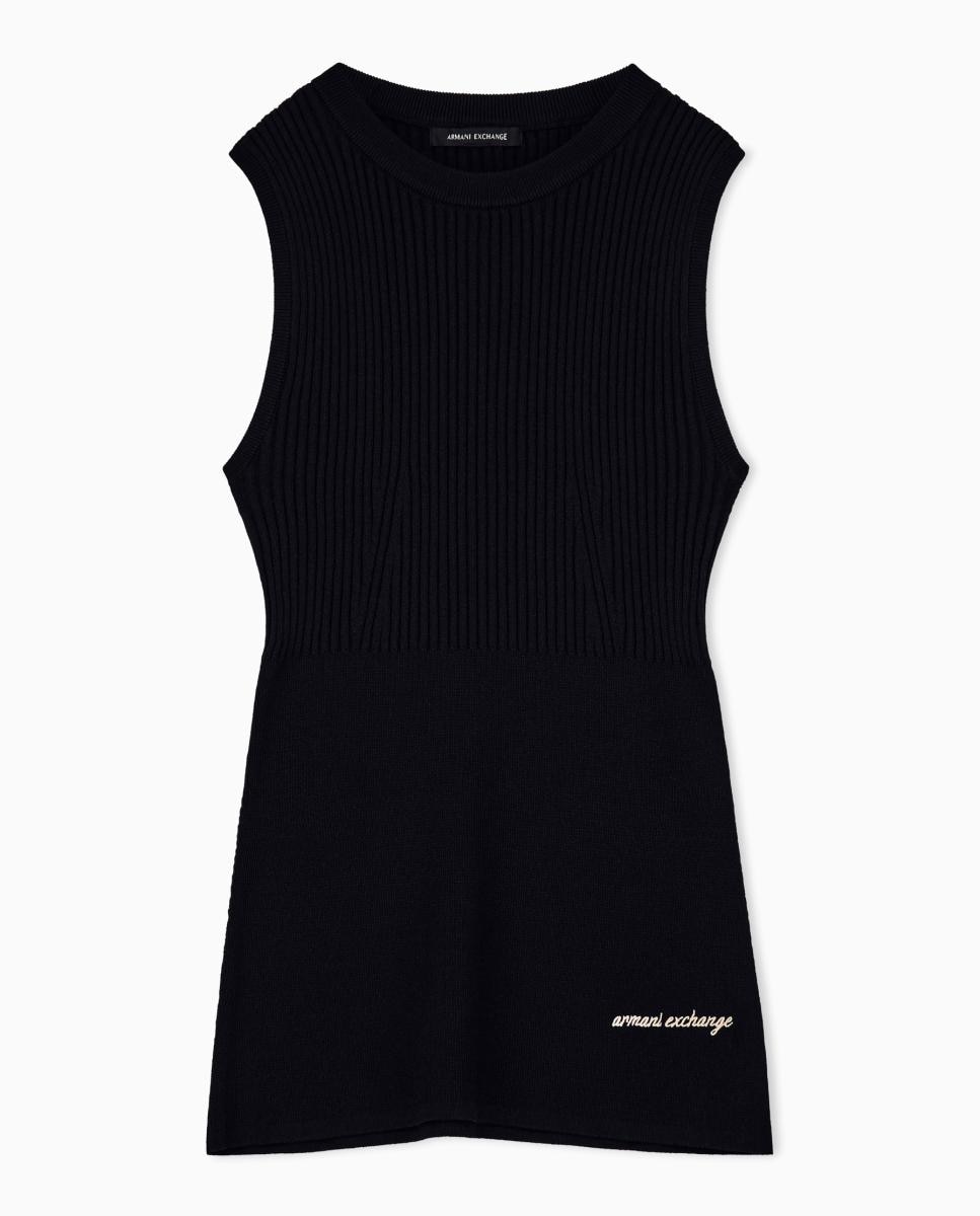 Camisola de Malha sem Mangas Canelada e com Logótipo Bordado Preto-5