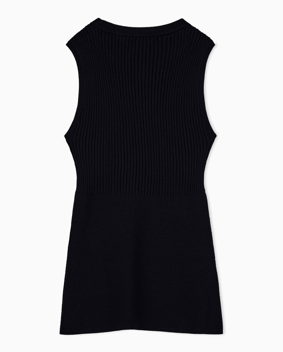 Camisola de Malha sem Mangas Canelada e com Logótipo Bordado Preto-6