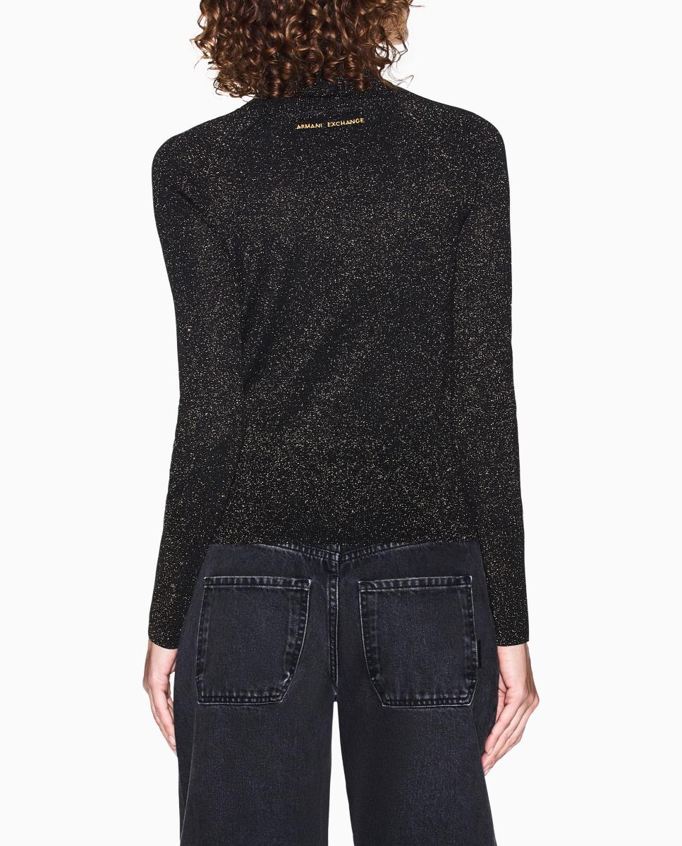 Camisola de Malha de Fibra Metalizada com Gola Alta Preto-4