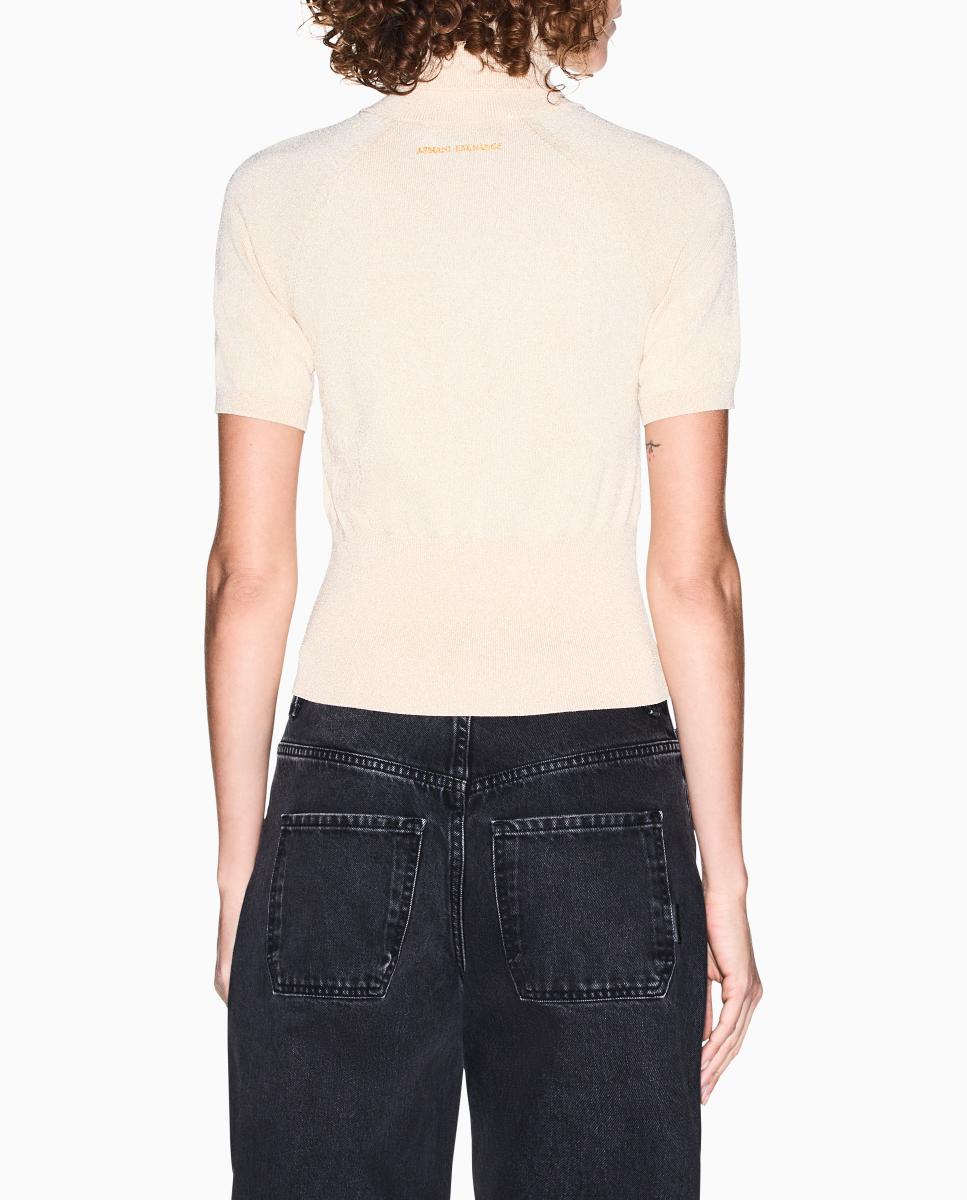 Camisola de Malha com Fio Metalizado e Gola Dobrada Ouro-4