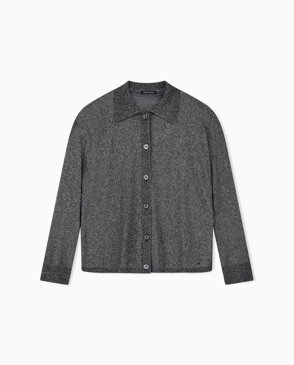 Cardigan Estilo Camisa com Colarinho de Polo Preto-2
