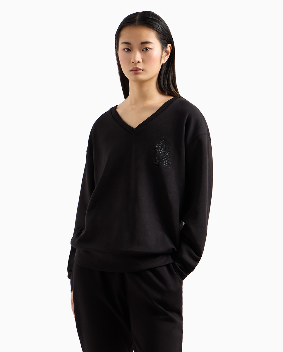 Sweatshirt de Decote em Bico com Logótipo em Strass Preto-1