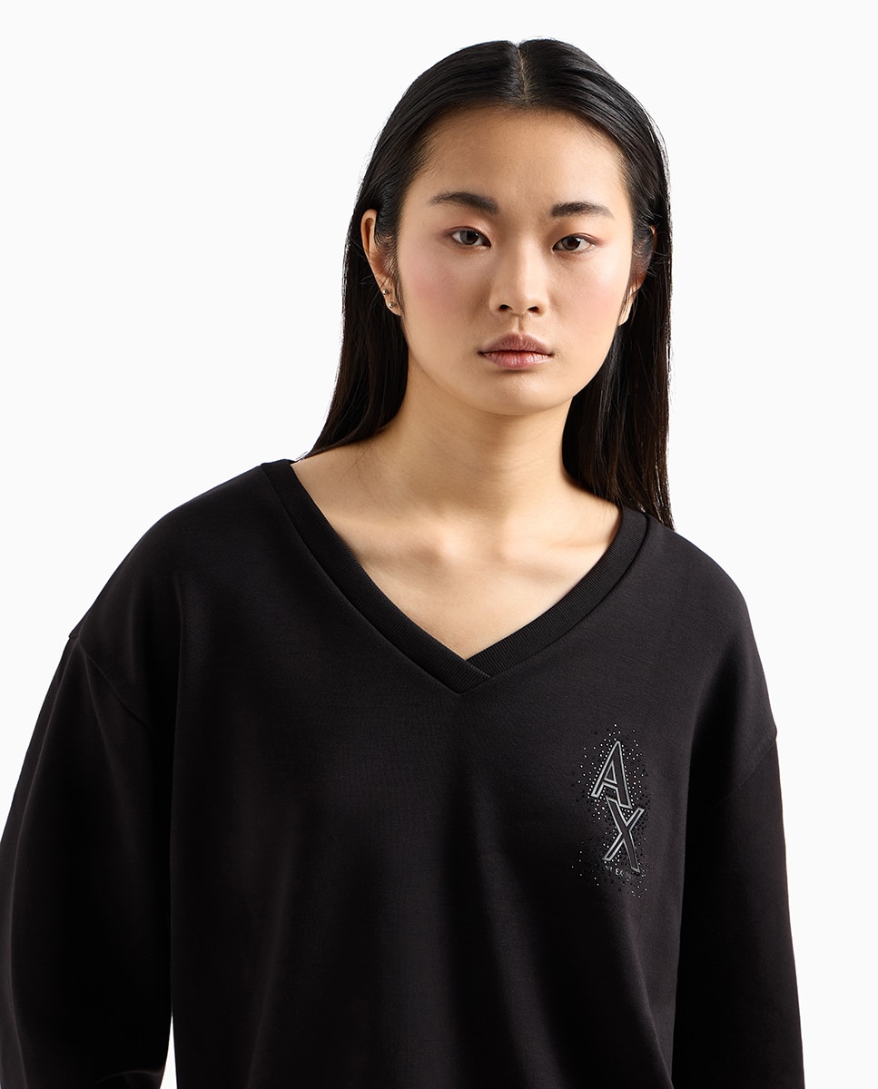 Sweatshirt de Decote em Bico com Logótipo em Strass Preto-3