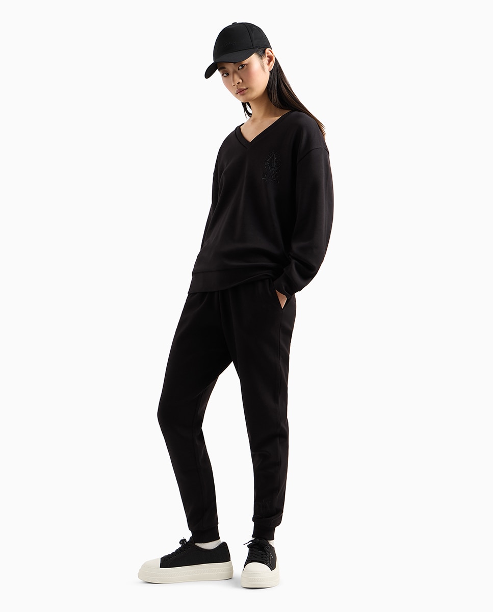 Sweatshirt de Decote em Bico com Logótipo em Strass Preto-5