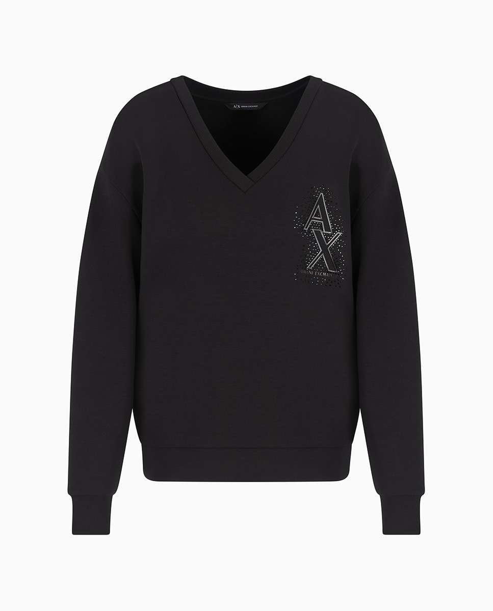 Sweatshirt de Decote em Bico com Logótipo em Strass Preto-4