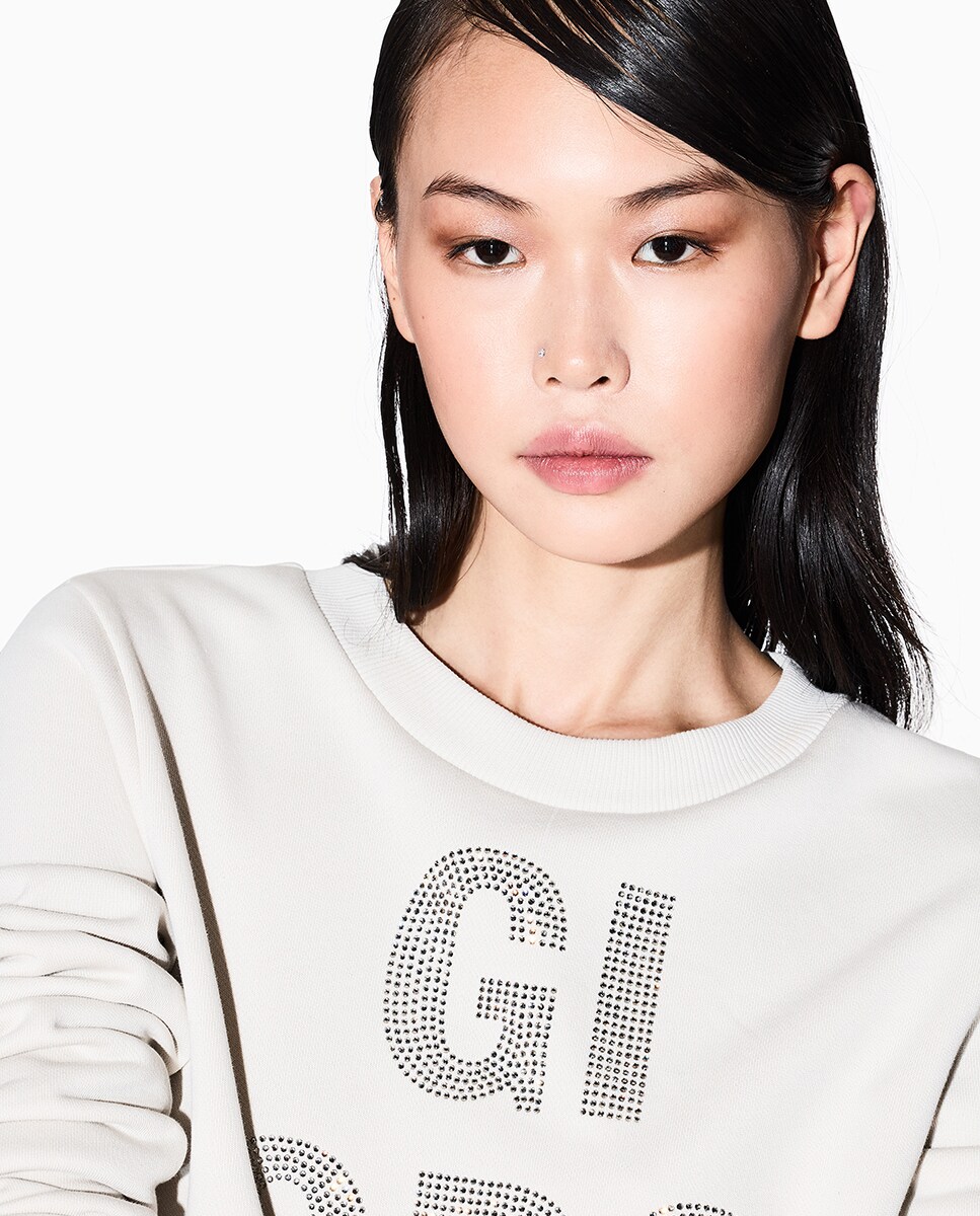 Sweatshirt de Decote Redondo com Strass Cinzento-claro-3