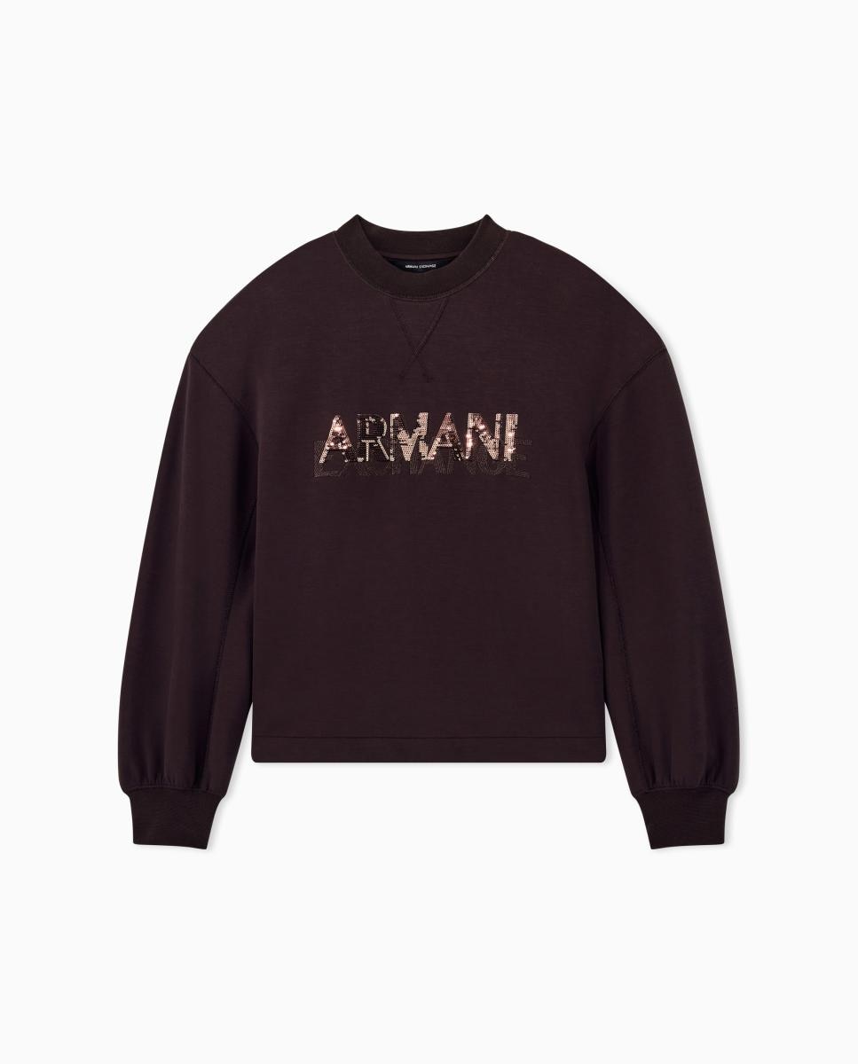 Sweatshirt de Decote Redondo Scuba com Logótipo de Lantejoulas Castanho-escuro-6
