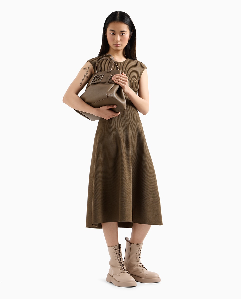 Vestido de Malha Midi Justo em Forma de Sino Caqui-3