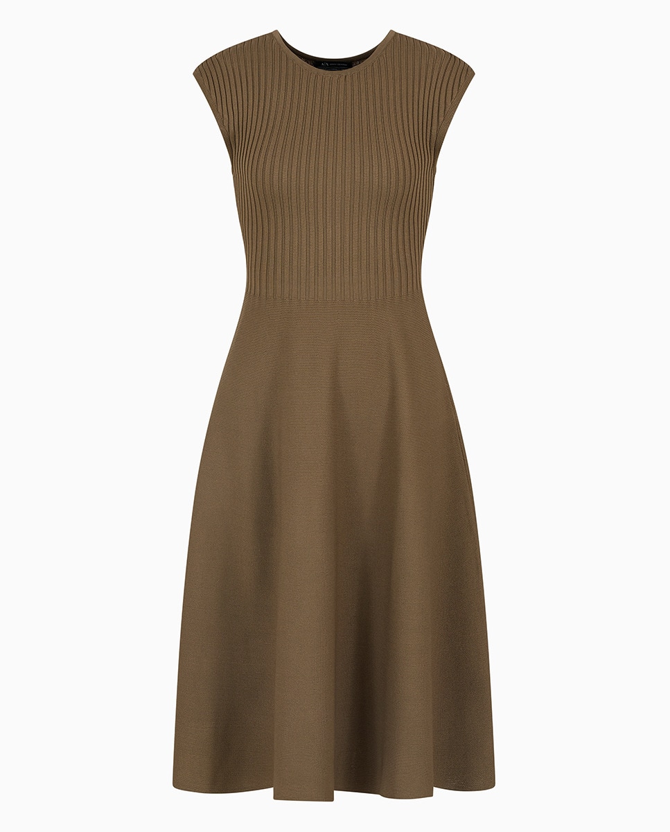 Vestido de Malha Midi Justo em Forma de Sino Caqui-4