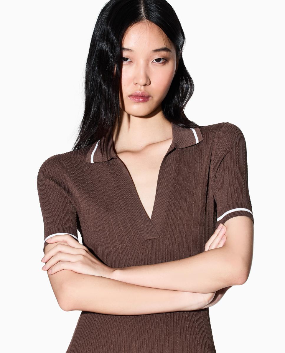 Vestido Midi com Colarinho de Polo em Malha com Viscose Castanho-2