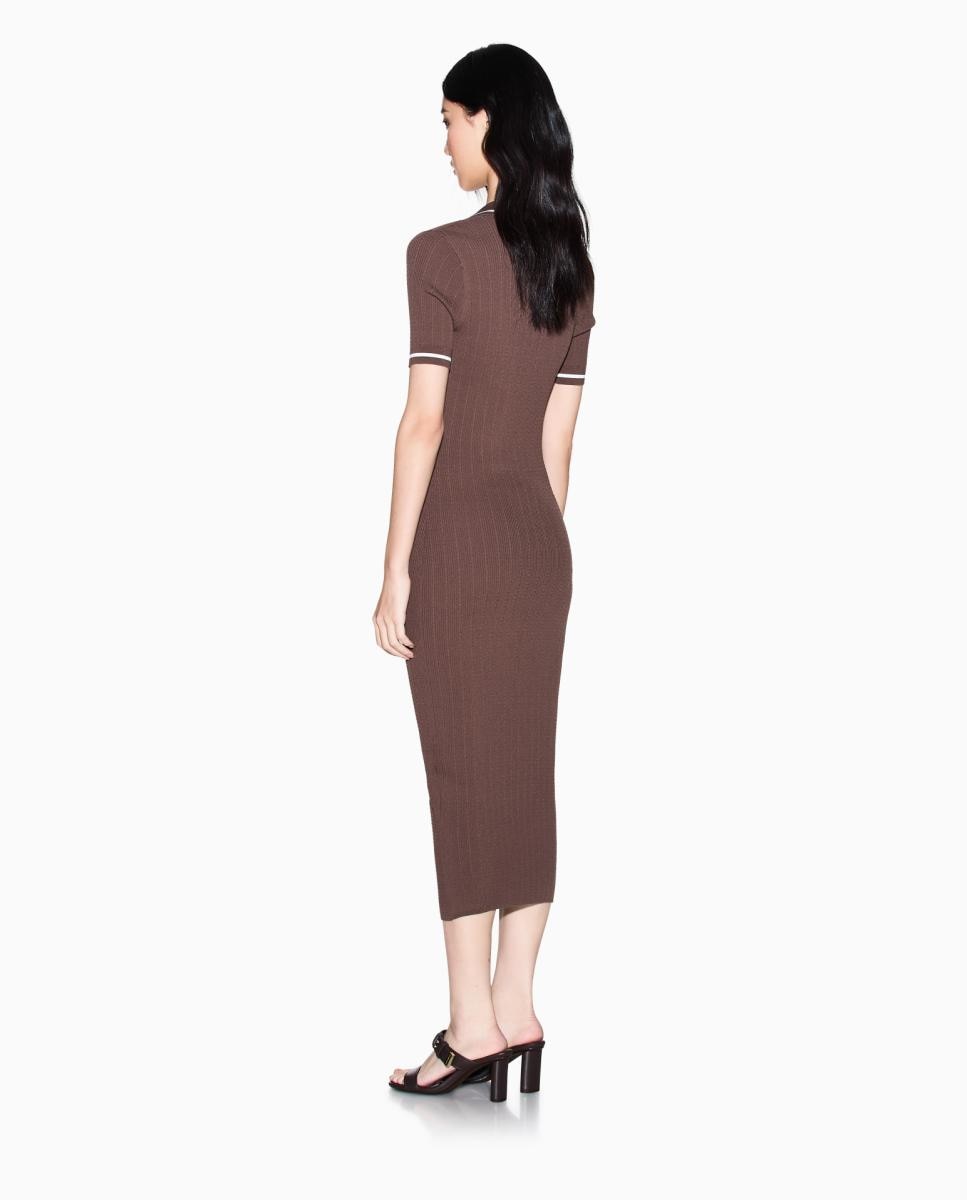 Vestido Midi com Colarinho de Polo em Malha com Viscose Castanho-3