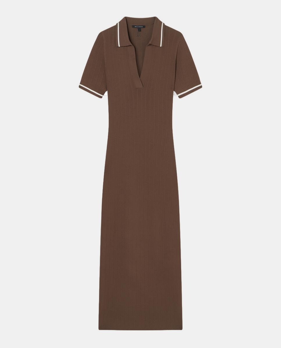 Vestido Midi com Colarinho de Polo em Malha com Viscose Castanho-4