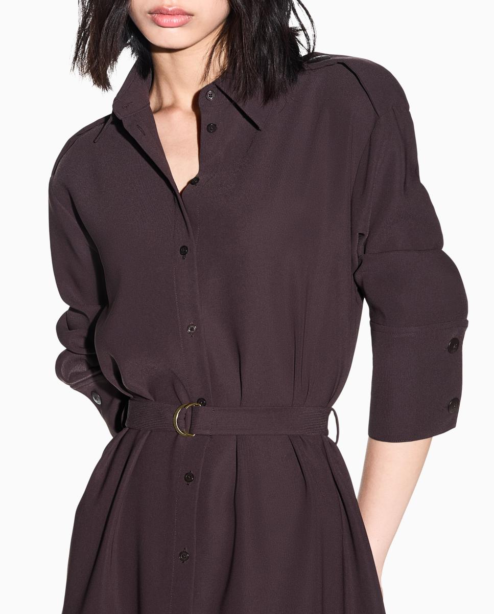 Vestido Camiseiro de Manga Comprida com Cinto Castanho-escuro-4