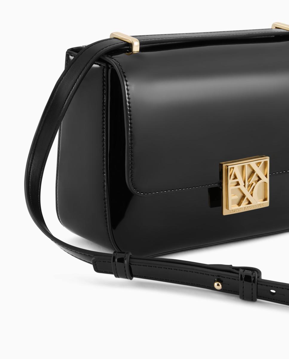 Mala a Tiracolo Média em Verniz com Aba Preto-2