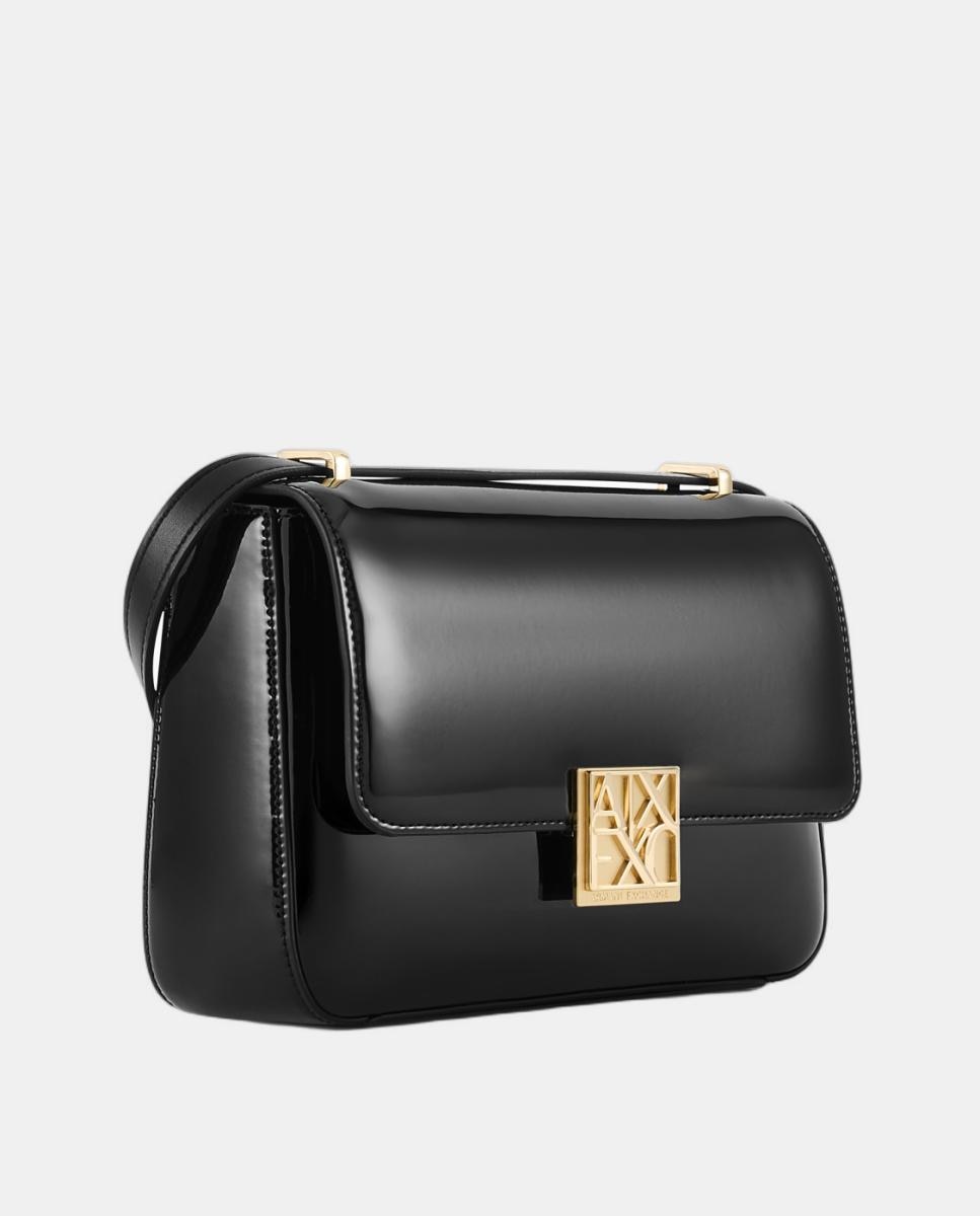 Mala a Tiracolo Média em Verniz com Aba Preto-3