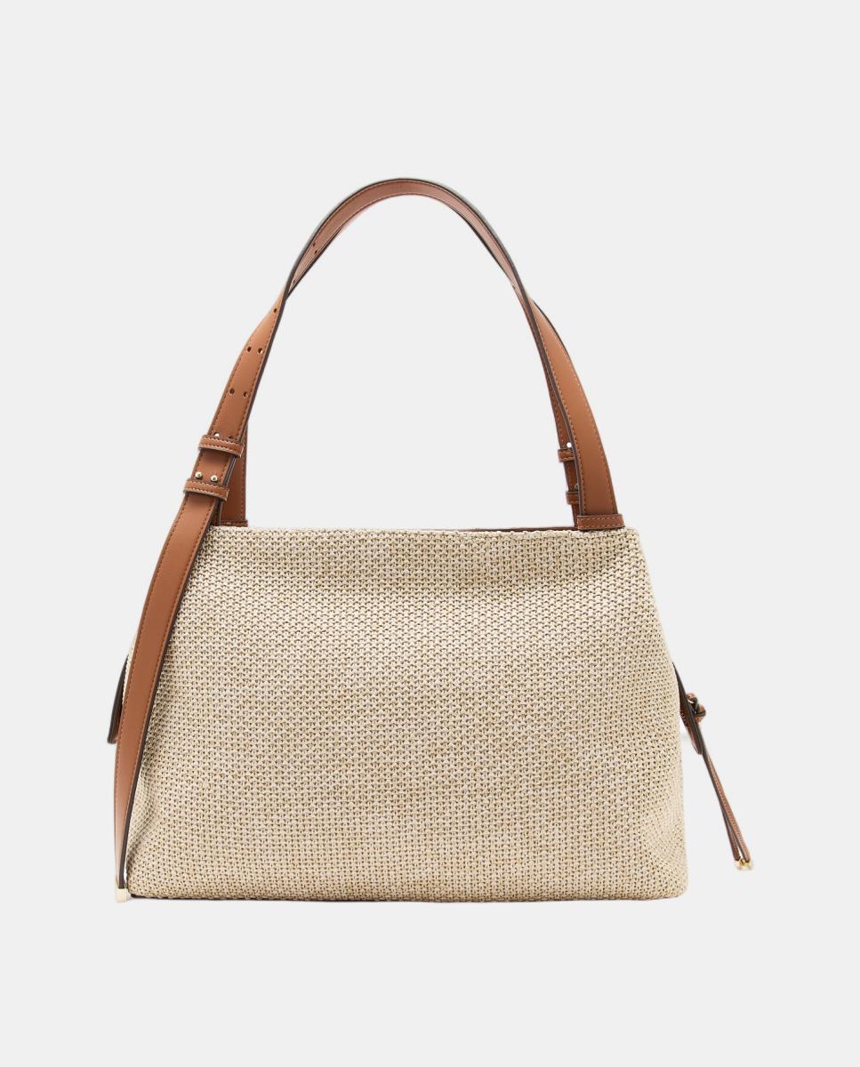 Mala "Alice" Shopper com Efeito de Ráfia Castanho-6