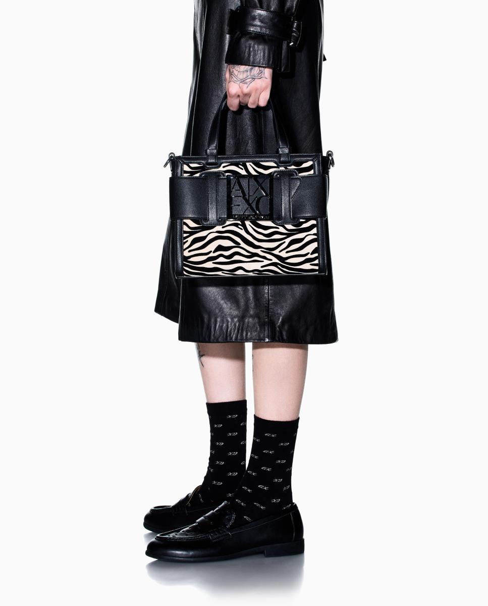 Mala Tote com Estampado Animal de Zebra com Logótipo AX Multicolor-4