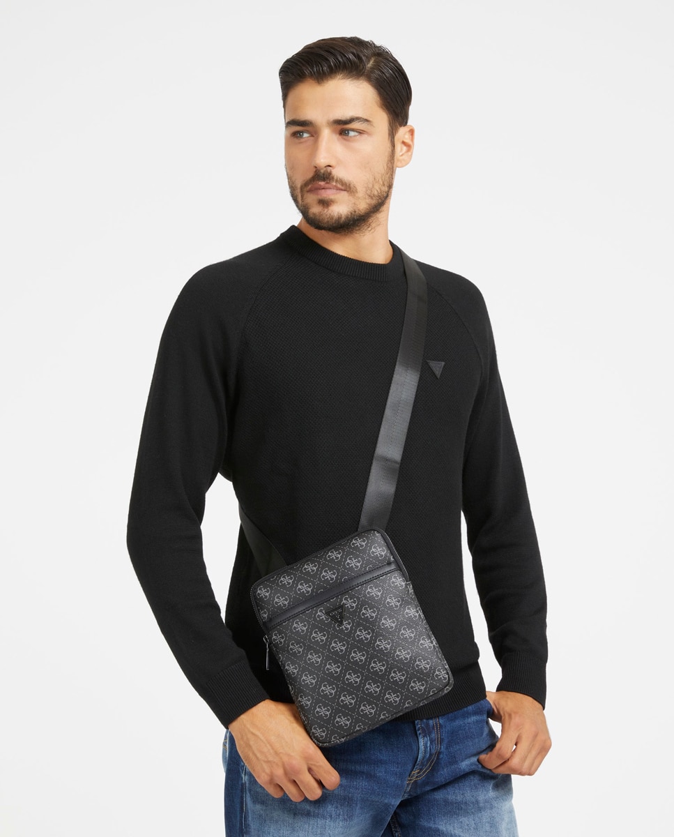 Mala a Tiracolo Plana com Estampado de Logótipo e Fecho de Correr Cinzento-escuro-2