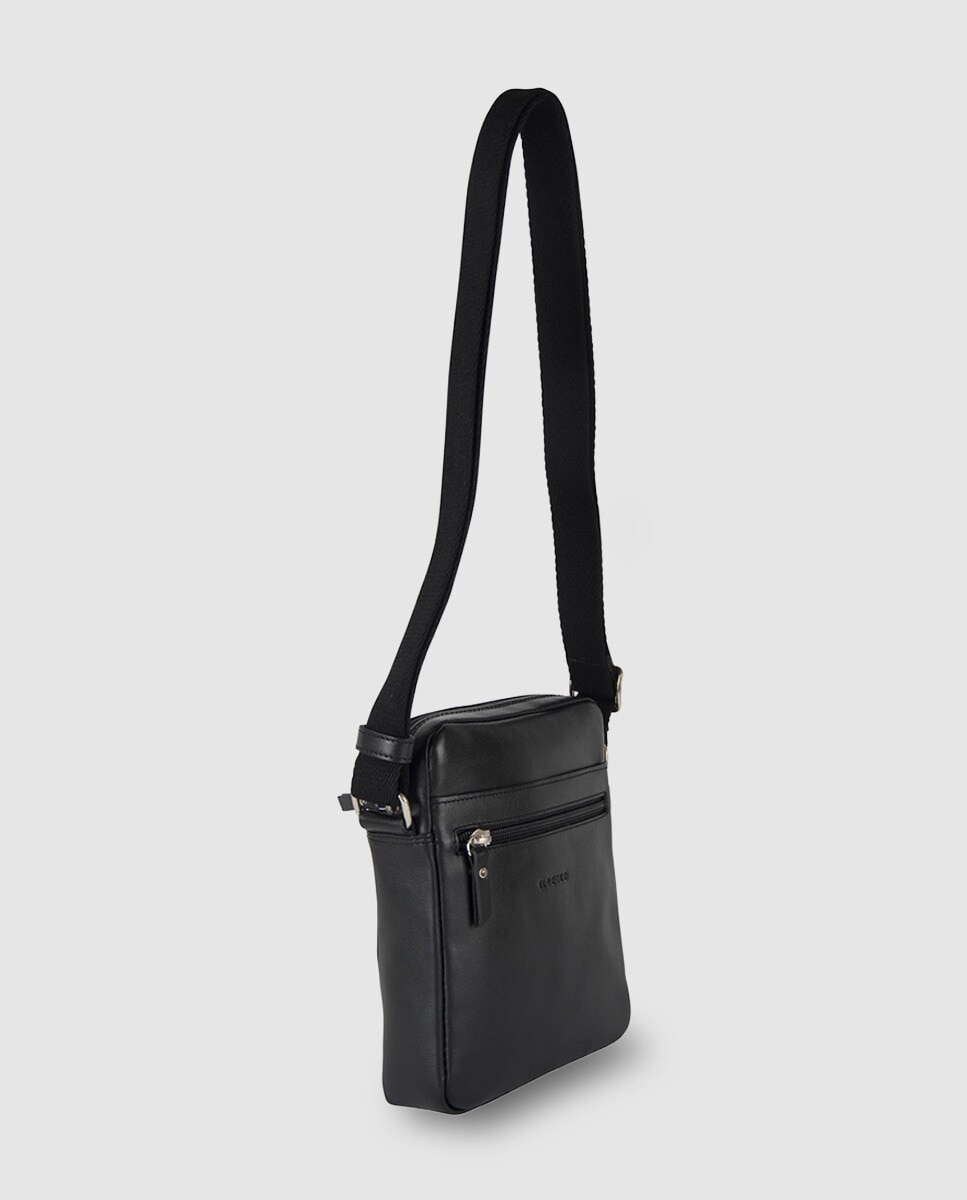 Mala a tiracolo de pele preta com bolso exterior Preto-2