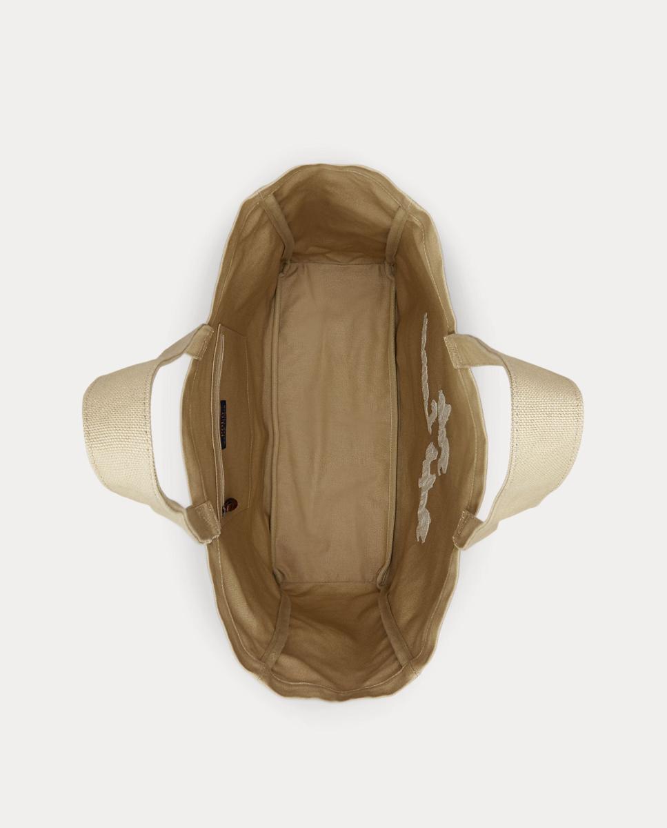 Mala Tipo Tote de Lona Fina com Bordado Castanho-claro-5