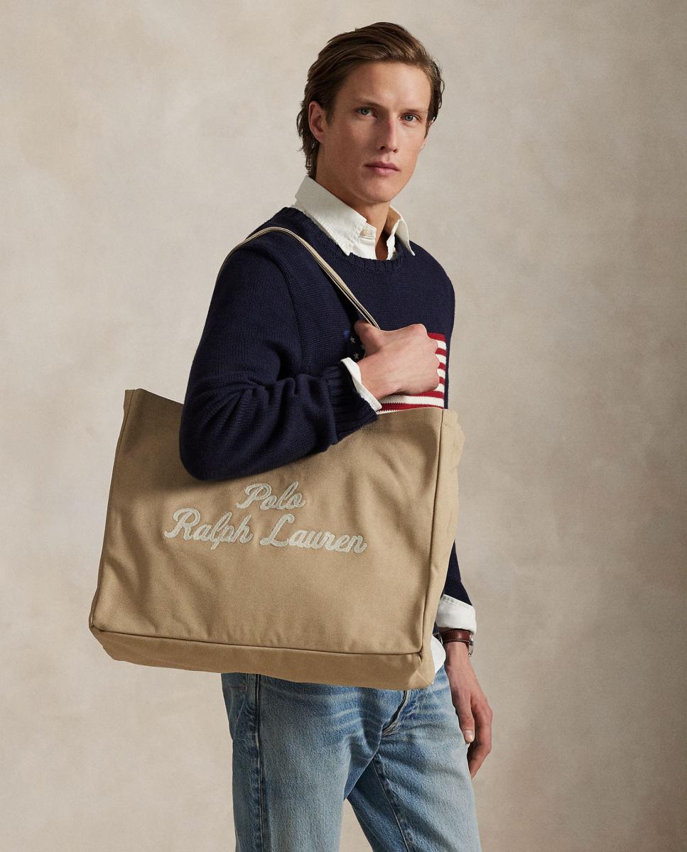 Mala Tipo Tote de Lona Fina com Bordado Castanho-claro-7