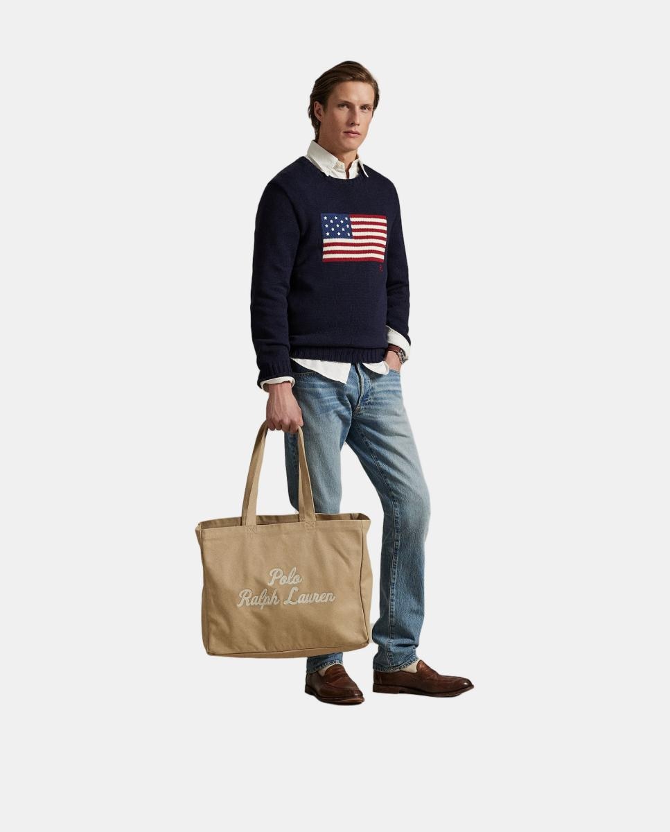 Mala Tipo Tote de Lona Fina com Bordado Castanho-claro-8
