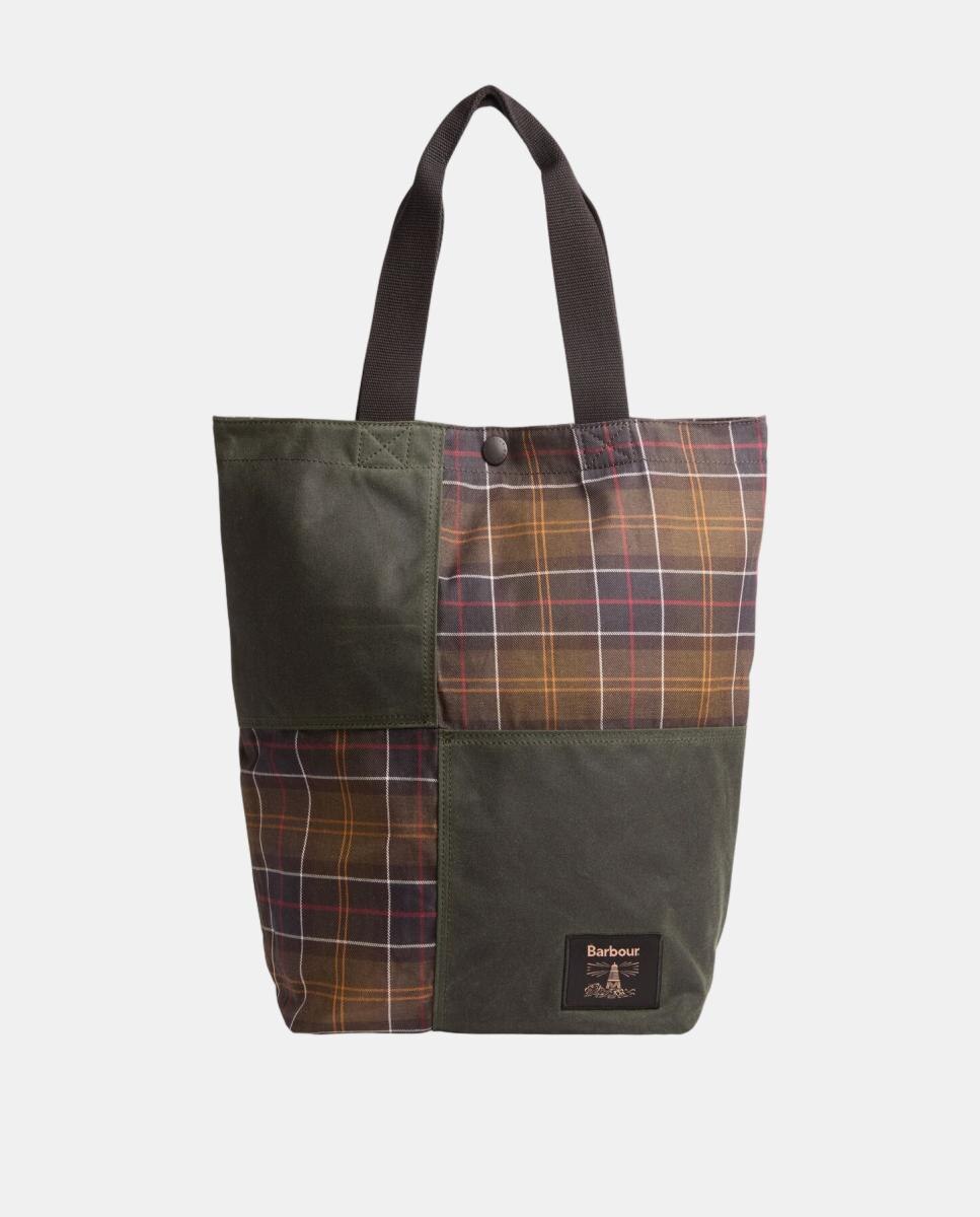 Imagen 0 de Bolso tote de algodón encerado con detalles de tartán Verde