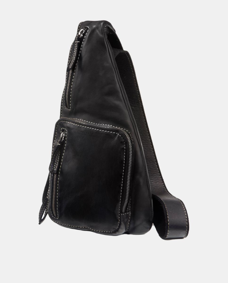 Mochila Cruzada de uma Alça em Pele com Lavagem Preto-5
