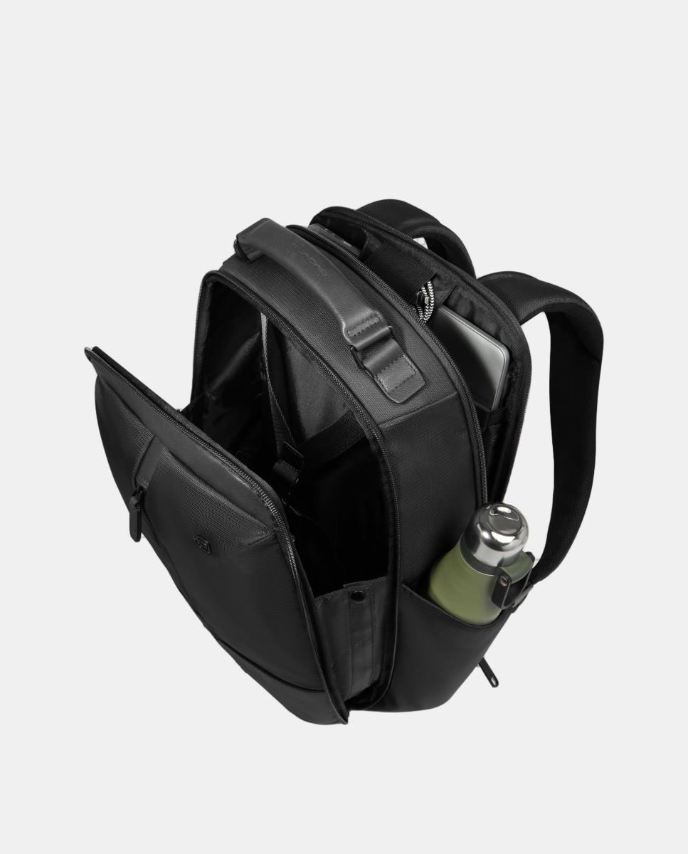 Mochila de Viagem em Tecido Reciclado e Pele para Portátil e iPad® com Suporte para Óculos, Bolso para AirPods®, RFID e Proteção Anti-Choque. Preto-4