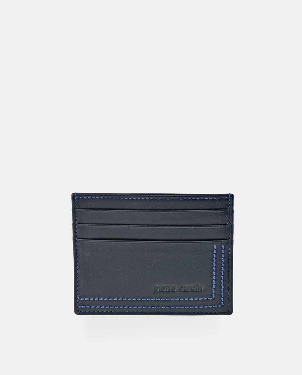 Tarjetero plano hombre PIERRE CARDIN en piel color negro y costuras azules - Negro Negro-1