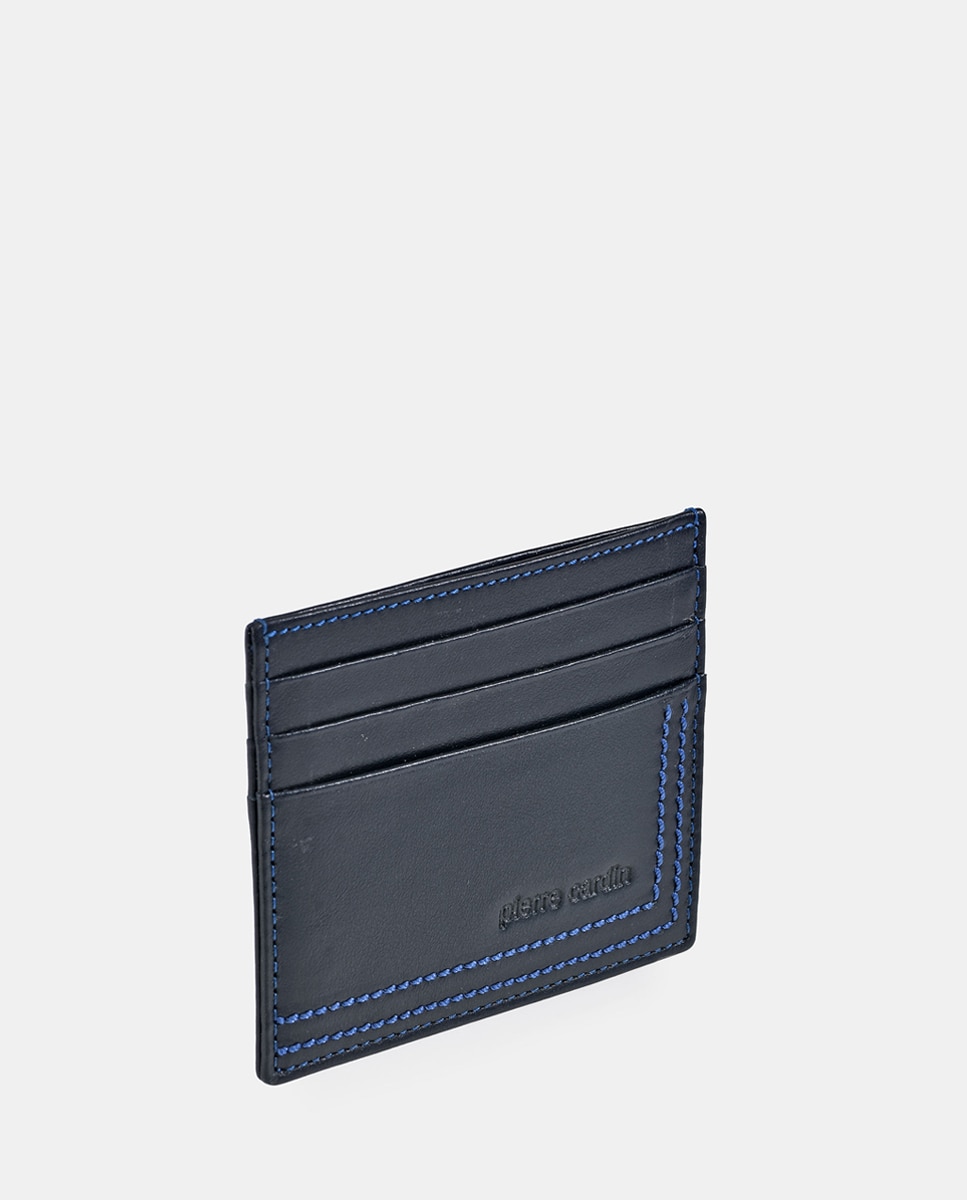 Tarjetero plano hombre PIERRE CARDIN en piel color negro y costuras azules - Negro Negro-2