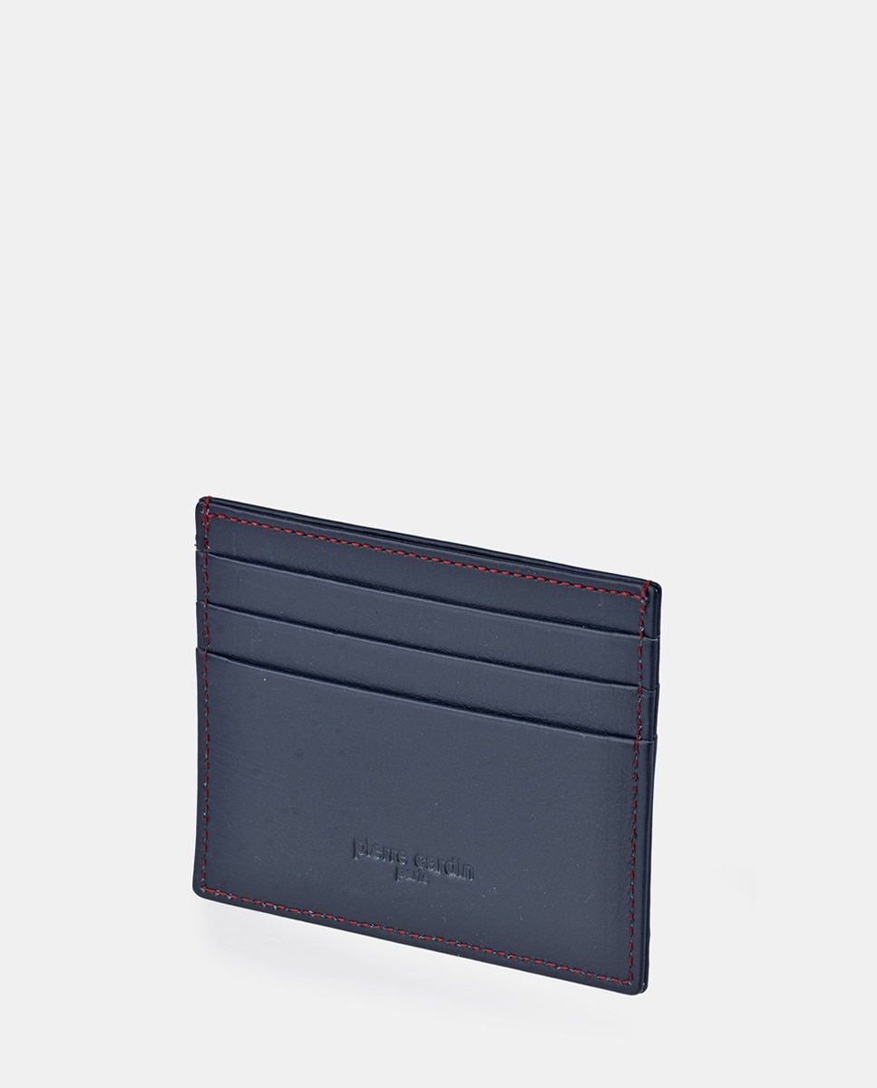 Porta-Cartões Plano em Pele com Costuras - Preto/Azul Azul-marinho-3
