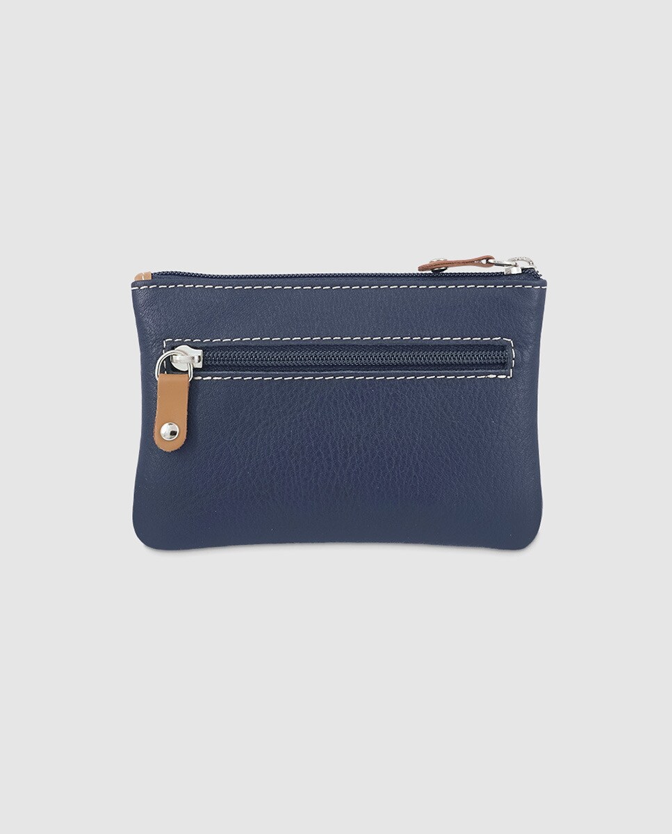 Porta-moedas de homem em pele castanho com fecho de correr Azul-3