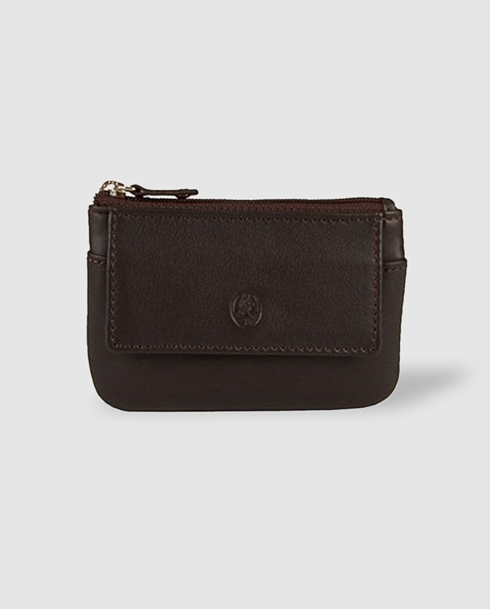 Porta-moedas de pele castanho com chaveiro Castanho-1